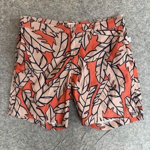 Onia Swim Trunks Shorts Mens‎ XL Orange Tan Leaf Print The Calder Mesh Lined